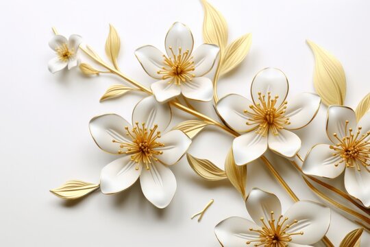 3d gold flowers white backgroung.