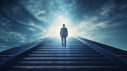 Dynamic Business Leader Ascending Stairs Amid City Skyline – Ambitious Concept of Success, Career Growth, and Strategic Planning in Corporate Environment