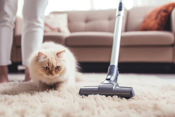 Woman using a vacuum cleaner while cleaning carpet in the house. Vacuuming cat hair	