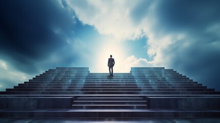 Fototapeta na wymiar Dynamic Business Leader Ascending Stairs Amid City Skyline – Ambitious Concept of Success, Career Growth, and Strategic Planning in Corporate Environment