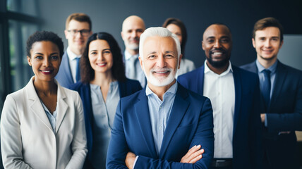 Senior man boss with group of multiracial business people in creative office, business people team.