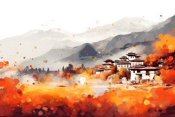 Abstract colorful panorama of a monk village in Bhutan
