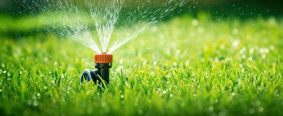 Automatic garden lawn sprinkler in action watering grass.