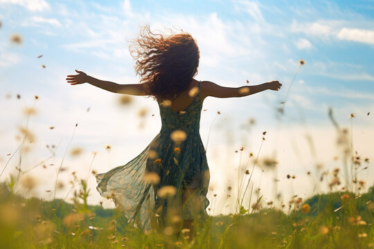 Young woman feeling relieved in beautiful nature, enjoying the summer, dancing with opened arms on the wind