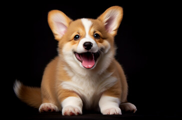Smiling puppy of a corgi dog, sitting on a black background. AI generated