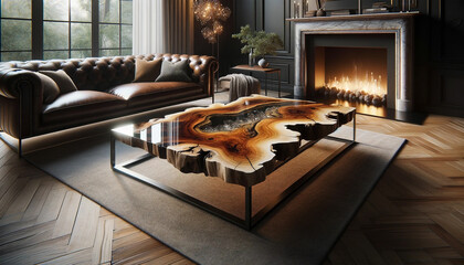Luxurious Living Room Design: Rich Leather Chesterfield Sofa, Unique Wood-Resin Coffee Table, Fireplace Ambience, and Opulent Decor Elements Perfectly Illuminated by Warm Natural Light