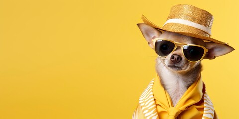 Cool looking Chihuahua dog wearing funky fashion dress. space for text right side. - obrazy, fototapety, plakaty