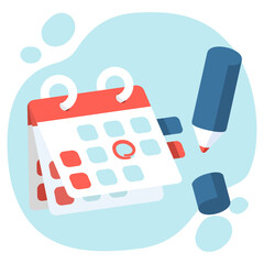 Red pen marks the date, holiday, priority, important, reminder day on calendar concept on blue  background. Vector illustration Cute design for banner and poster. - obrazy, fototapety, plakaty