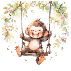 Cute happy baby monkey on swings on a tree in watercolor.