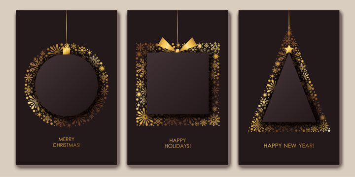 Set of chic elegant cards, flyers, posters for New Year, Christmas greetings. Modern minimal flat style with golden shiny snowflakes. Holiday gift, Christmas tree, ball design. Festive prints.