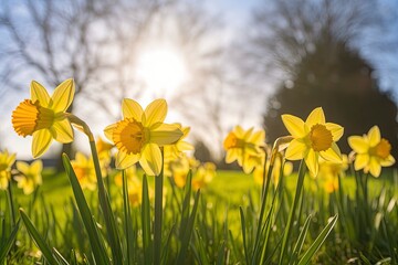 Fototapeta premium Daffodils in spring backlit by sun.