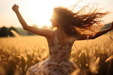 Young woman feeling relieved in beautiful nature, enjoying the summer, dancing with opened arms on the wind - obrazy, fototapety, plakaty