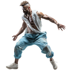 A black dancer with short dreadlocks and a loose outfit. Transparent Background.