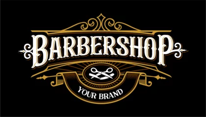 Fotobehang Retro compositie barbershop design logo with ribbon