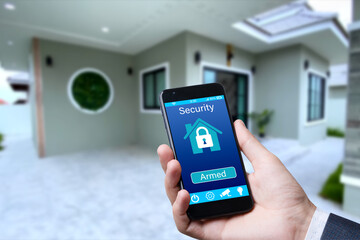 Smart home technology interface on smartphone app screen. Against the background of a private house.