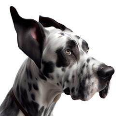 Headshot portrait of harlequin great dane dog on transparent background