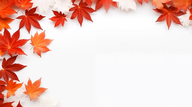 Christmas or Autumn Thanksgiving background with maple leaves on white background with a copy space