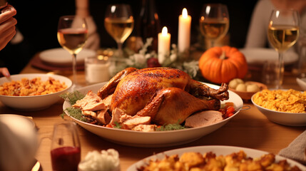 Family is together for dinner with turkey chicken roast and food on table on thanksgiving day, enjoy eating and chatting