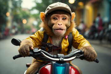 Obraz premium monkey riding on scooter