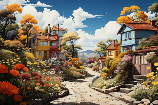 A painting by neil osbourne depicts a colourful house road, in the style of whimsical floral scenes, color field paintings, naive art, tranquil gardenscapes, low resolution, ai generative