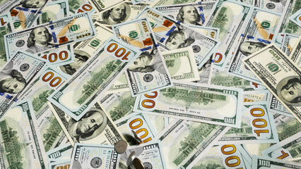 Dollar banknotes close-up top view.