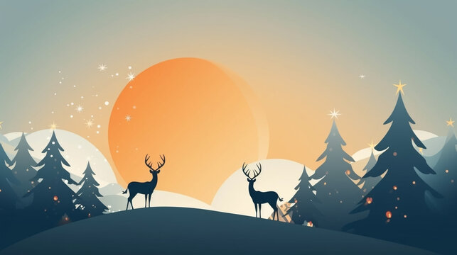 copy space, stockphoto, flat vector illustration, caratoon style, Holiday card with deer. Merry christmas and happy new year concept. Background