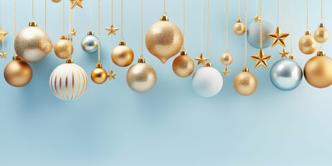Christmas background with snowflakes and christmas balls in blue and gold tones