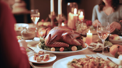 Family is together for dinner with turkey chicken roast and food on table on thanksgiving day, enjoy eating and chatting