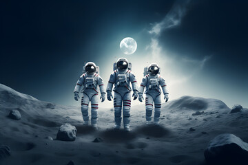 Three spacemen or astronauts walking on the moon. - obrazy, fototapety, plakaty