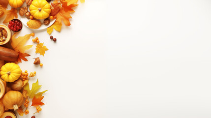 Christmas or Autumn Thanksgiving background. Pumpkins and maple leaves on white background with a copy space