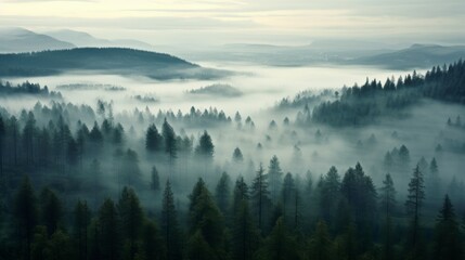 Nordic forest, forest landscape, foggy, evening time, foggy landscape in the jungle Fog and cloudy mountain tropic valley landscape aerial view, wide, misty panorama