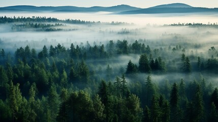 Nordic forest, forest landscape, foggy, evening time, foggy landscape in the jungle Fog and cloudy mountain tropic valley landscape aerial view, wide, misty panorama