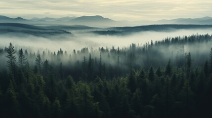 Obraz premium Nordic forest, forest landscape, foggy, evening time, foggy landscape in the jungle Fog and cloudy mountain tropic valley landscape aerial view, wide, misty panorama