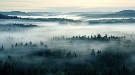 Obraz na płótnie Canvas Nordic forest, forest landscape, foggy, evening time, foggy landscape in the jungle Fog and cloudy mountain tropic valley landscape aerial view, wide, misty panorama