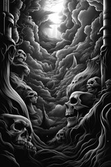 A Monochromatic Poster Illustration Depicting the Menacing Interplay of an Evil Demon, Skull, Ghost and the Inevitability of Death - Generative AI
