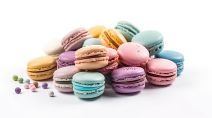 Obraz premium Macarons arranged in a tempting still life, a burst of sweet and colorful delight, vibrant and delectable desserts on white background