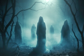 Veiled ghosts on their journey through a dense fog in a haunted forest - obrazy, fototapety, plakaty