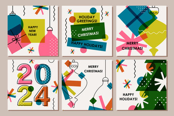 Set of creative colorful cards, flyers, posters for 2024 New Year. Numbers design. Christmas greetings. Modern minimal flat style. Festive prints design. - obrazy, fototapety, plakaty