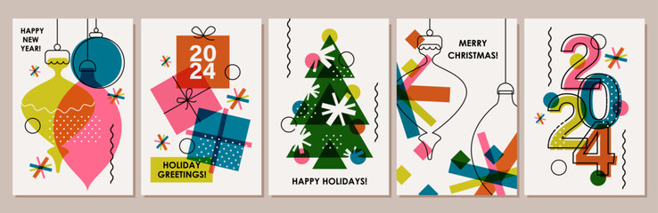 Set of creative colorful cards, flyers, posters for 2024 New Year. Numbers design. Christmas greetings. Modern minimal flat style. Festive prints design. - obrazy, fototapety, plakaty