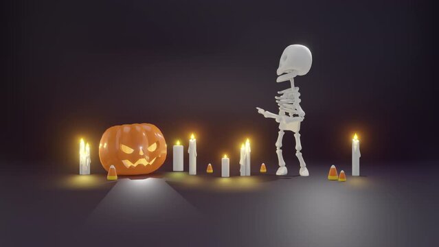 Halloween black background with jack o lantern and joyful skeleton, candles,. 3D