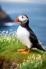 Naklejka premium Puffin bird on a green grass patch.