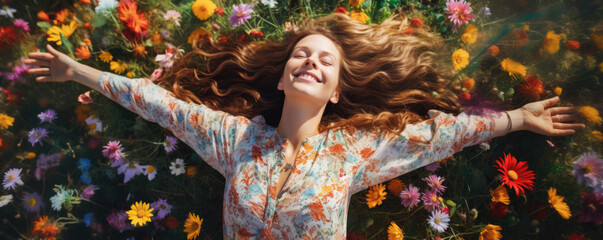 Beautiful young woman lying in the field with daisy flowers	