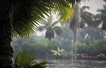 Naklejka premium Rain in the tropics during the low season or monsoon season. Raindrops in a garden.