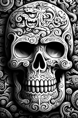 A Monochromatic Poster Illustration Depicting the Menacing Interplay of an Evil Demon, Skull, Ghost and the Inevitability of Death - Generative AI