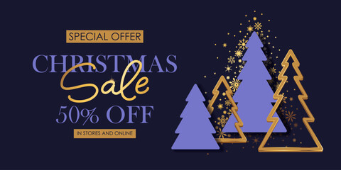 Christmas and New Year holiday sale shop banner. Golden shiny snowflakes. Chic elegant, festive card, cover, voucher design.