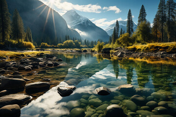 The yosemite river surrounded by mountains, in the style of romantic landscape vistas, glassy translucence, nikon d850, y2k aesthetic, mysterious backdrops, ai generative