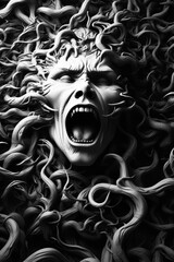 A Monochromatic Poster Illustration Depicting the Menacing Interplay of an Evil Demon, Skull, Ghost and the Inevitability of Death - Generative AI