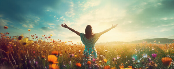  Happy carefree woman standing in the wildflower meadow with opened arms, back view  