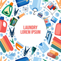 laundry items circle. clothes, detergents, cartoon flat cleaning attributes arranged in circle shape, towels, wash equipment, housekeeping service. vector cartoon graphics.