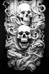A Monochromatic Poster Illustration Depicting the Menacing Interplay of an Evil Demon, Skull, Ghost and the Inevitability of Death - Generative AI